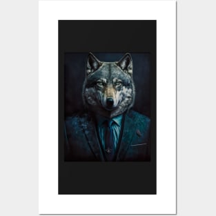 Distinguished Wolf portrait wearing a suit Posters and Art